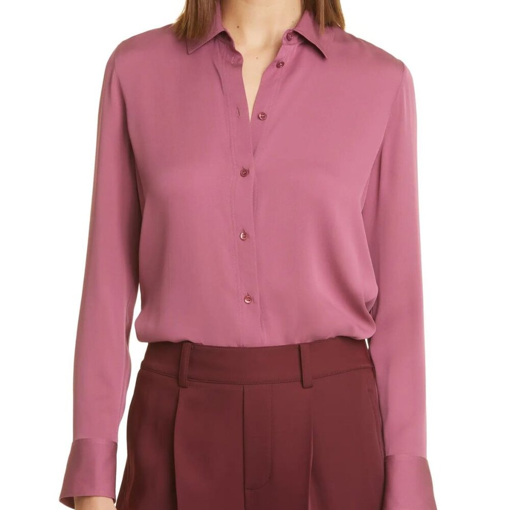 Vince Slim Fit Stretch Silk Blouse Teaberry Sz XS